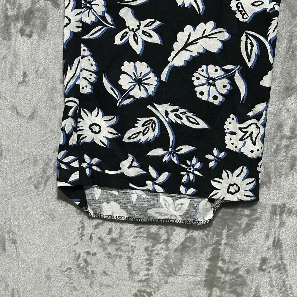 Zara Womens Wide‎ Leg Linen Blend Floral Trousers Sz L Black Boho Coastal Resort